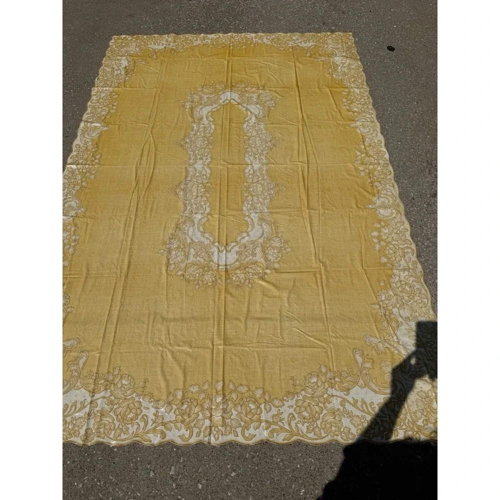 Vintage Mustard Yellow 90x60 Vinyl/Oil Cloth Backing Damask Table Cloth 1950-70